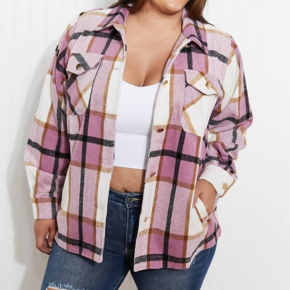 Zenana Fall Break Plaid Shacket Pink - Picture 4 of 7